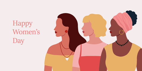 Group of women of different nationalities ethnicity and hairstyle. Female diverse portraits. International Women's day, 8 March design. Women's friendship, sisterhood. Vector illustration