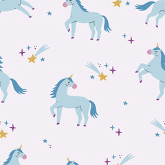 Cute cartoon colorful seamless pattern with unicorns and stars on pastel background. Perfect for kids textile, wallpaper, wrapping paper etc. Vector illustration