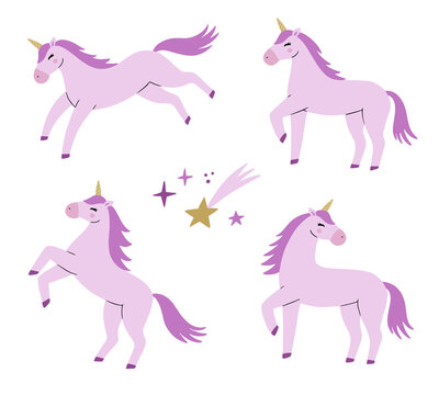 Magic cute unicorn set. Cartoon style beautiful unicorns for kids stuff, posters, cards etc. Vector illustration