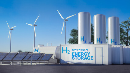 power station hydrogen energy storage battery with solar plant and wind turbine - 486561286