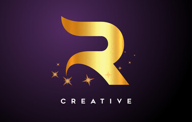Gold R Letter Logo with Golden Glitter Stars and Gold Foil Texture Icon Vector