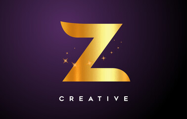 Gold Z Letter Logo with Golden Glitter Stars and Gold Foil Texture Icon Vector