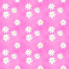 Seamless pattern with white chamomile on pink tai dai background. Sweet botanic wallpaper for your design. Spring watercolour romantic illustration.