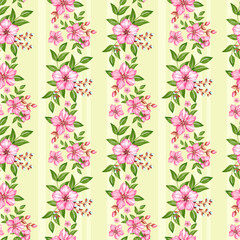 Floral watercolor pattern with pink cherry blossom