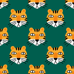 Fototapeta na wymiar The cartoon muzzle of a funny tiger. A stylized pattern in doodle style for children's clothing and gift wrapping. 