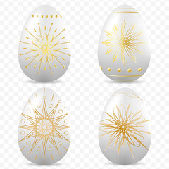 A collection of realistic Easter eggs with a decorative gold gradient pattern
