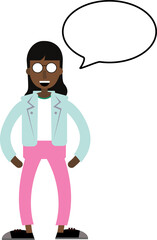 digital drawing of a woman with long hair, jeans, jacket, t-shirt and sneakers, retro 90s style and a speech bubble to be completed to your liking.