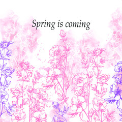 Floral spring composition with beautiful blooming twigs and watercolor stains.
