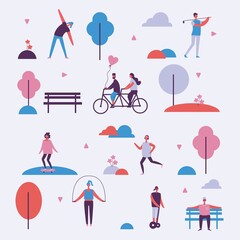 Concept of young people walking, running and jumping in the park. Stylish modern vector illustration card with male and female teenagers