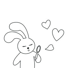 Coloring book with Easter bunny cute cartoon character rabbit. Blows soap bubbles hearts.