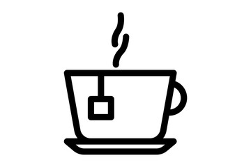  Hot tea icon. Cup with plate and a tea bag. Steam coming out of tea. Line symbol on a white background. 
