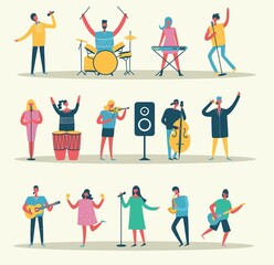 Fototapeta premium People playing musical instruments vector illustrations set. Young singer recording song with professional equipment cartoon character.
