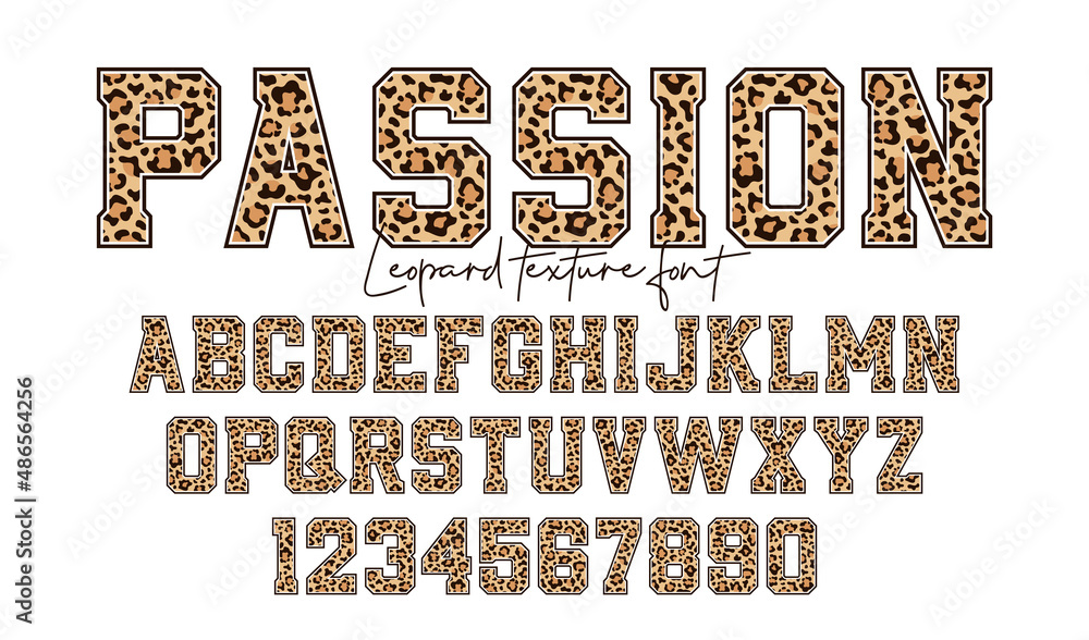 Poster leopard font. alphabet and numbers with leopard skin print. college style font with wild leopard ski