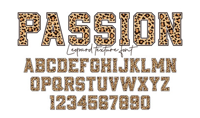 Leopard font. Alphabet and numbers with leopard skin print. College style font with wild leopard skin texture. Vector - obrazy, fototapety, plakaty