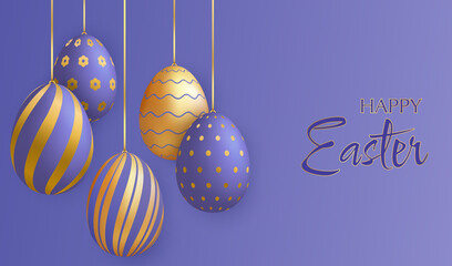 Happy Easter greeting card. Purple and gold 3D Easter eggs hanging on gold ribbons.