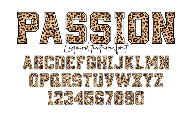 Leopard font. Alphabet and numbers with leopard skin print. College style font with wild leopard skin texture. Vector