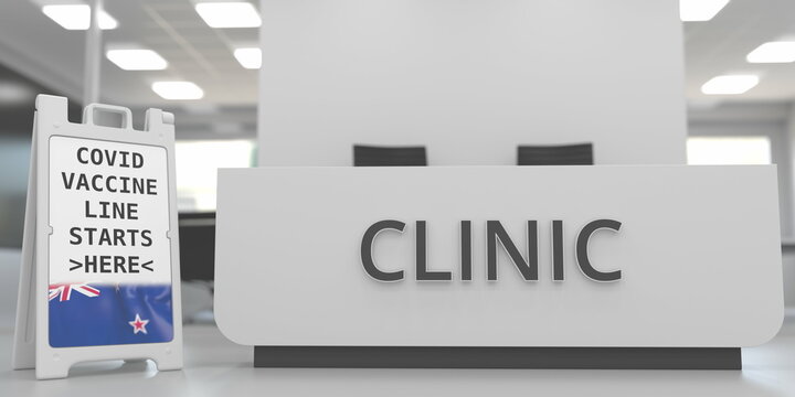 Flag of New Zealand on a COVID-19 vaccination centre signboard, 3D rendering