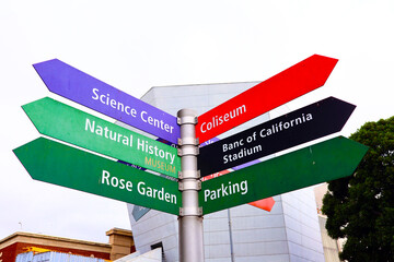 Los Angeles, California: direction sign at Exposition Park, an urban park with outdoor recreational...