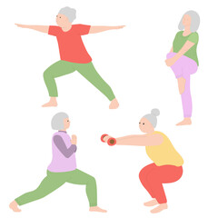 Fototapeta na wymiar A group of older women practice yoga classes. The women are doing stretching. Vector illustration on white background. Hand drawing. For print, web design.