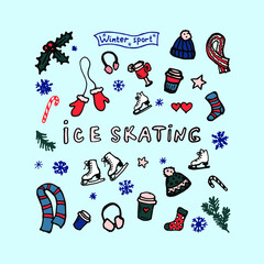 Hand drawn set ice skating vector sport winter