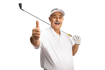 Mature man smiling, holding a golf club and gesturing thumbs up