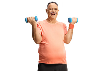 Fototapeta na wymiar Happy mature man exercising with dumbbells and smiling
