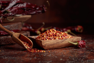 Chilli flakes and dried chili peppers.