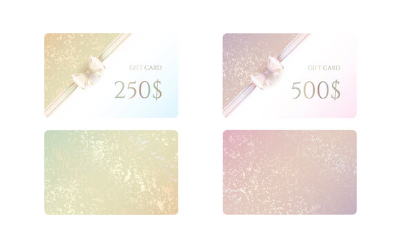 Vector luxury gift card templates in light soft pastel colors with golden spots, realistic glittering bow and a ribbon. Set of two-sided pink and green layouts with splash texture on a cover