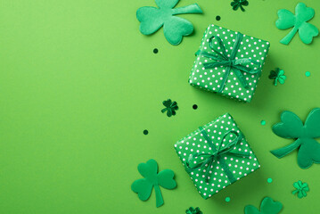 Top view photo of st patrick's day decorations two green gift boxes with polka dot pattern clover shaped confetti and trefoils on isolated pastel green background with copyspace - obrazy, fototapety, plakaty