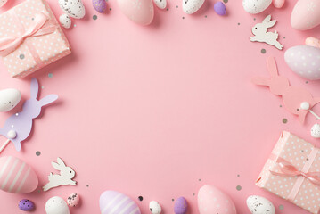 Top view photo of easter decorations gift boxes sequins easter bunnies pink purple and white easter eggs on isolated pastel pink background with empty space in the middle