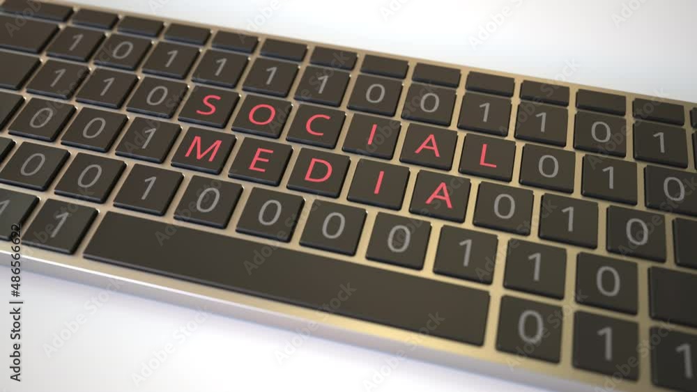 Poster social media text being revealed with flipping keys of computer keyboard. modern technology related 