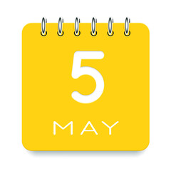 05 day of the month. May. Cute yellow calendar daily icon. Date day week Sunday, Monday, Tuesday, Wednesday, Thursday, Friday, Saturday. Cut paper. White background. Vector illustration.