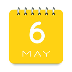 06 day of the month. May. Cute yellow calendar daily icon. Date day week Sunday, Monday, Tuesday, Wednesday, Thursday, Friday, Saturday. Cut paper. White background. Vector illustration.