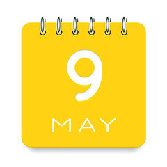 09 day of the month. May. Cute yellow calendar daily icon. Date day week Sunday, Monday, Tuesday, Wednesday, Thursday, Friday, Saturday. Cut paper. White background. Vector illustration.