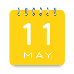 11 day of the month. May. Cute yellow calendar daily icon. Date day week Sunday, Monday, Tuesday, Wednesday, Thursday, Friday, Saturday. Cut paper. White background. Vector illustration.