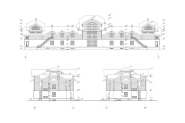 Private townhouse facades, detailed architectural technical drawing, vector blueprint