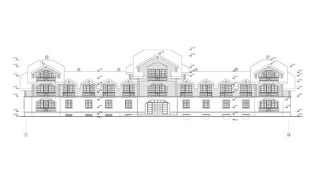 Private townhouse facades, detailed architectural technical drawing, vector blueprint