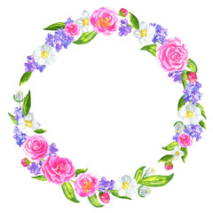 Watercolor flower wreath card. Peony, rose, lilac, jasmine tea circle border card template for invitation, banner print. - 486567254