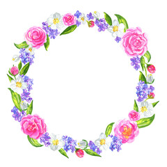 Watercolor flower wreath card. Peony, rose, lilac, jasmine tea circle border card template for invitation, banner print. - 486567257