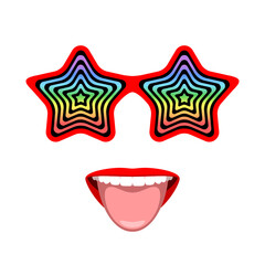 Funny glasses with hypnotic pattern and mouth with tongue sticking out