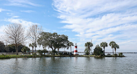 Dramatic skies over Mount Dora's Lighthouse, located at the Port of Mount Dora in Grantham Point Park, Florida, USA.