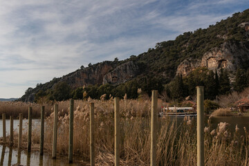 Fototapeta premium Beautiful lake view. Kaunos, Dalyan. Historical rock tombs.