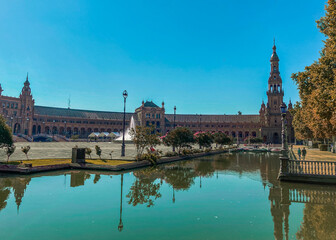 Seville, Spain: 03-07-2021: Seville Sevilla Plaza de Espana in Andalusia Spain square. is a square in the Parque de Maria Luisa, Historical landmark. Arabic ceramic style. 