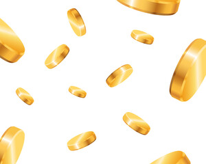 Gold coins falling from the sky. Rain of gold coins. 3d gold coins. Vector illustration isolated on white background.