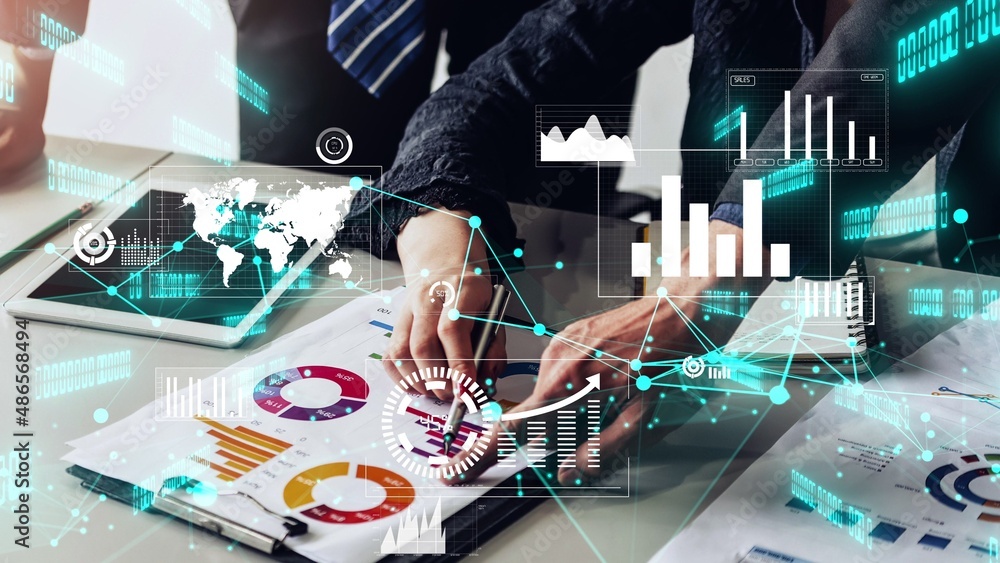 Poster conceptual business dashboard for financial data analysis . 3d render computer graphic .
