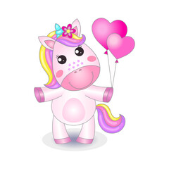 Cute cartoon unicorn with heart shaped balloons. Fantasy animal. For children's design of prints, posters, cards, stickers, cards and so on. Vector