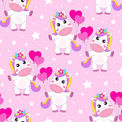 Seamless pattern with cute unicorn flying on heart shaped balloons. For children's fabric design, wallpaper, wrapping paper, backgrounds and so on. Vector