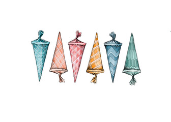 Sechs unterschiedliche Schult&uuml;ten mit Muster