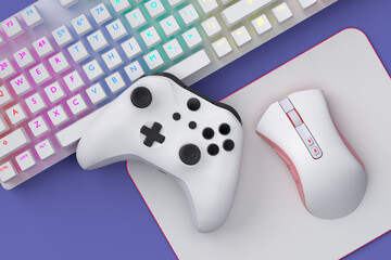 Top view of gamer workspace and gear like mouse, keyboard, joystick © Vasyl Onyskiv