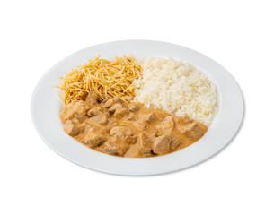 Meat strogonoff with rice and straw potato isolated over white background
